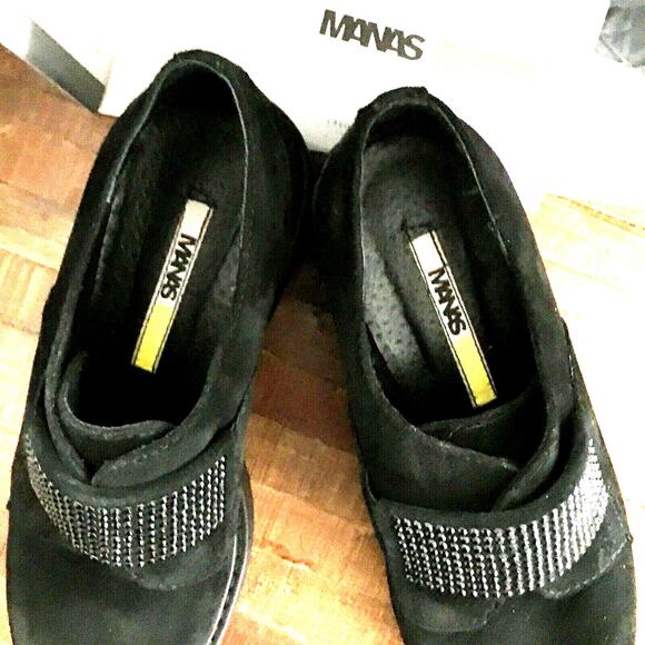 Manas Black Suede Studded Loafers Size 36 – Glossy Black Studs, Block Heel - New - Picture 3 of 7